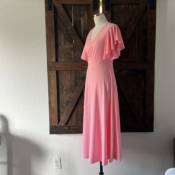 LYANER Warp V Neck Ruffle Short Sleeve A Line Swing Flared Cocktail Party Midi - Picture 5 of 10